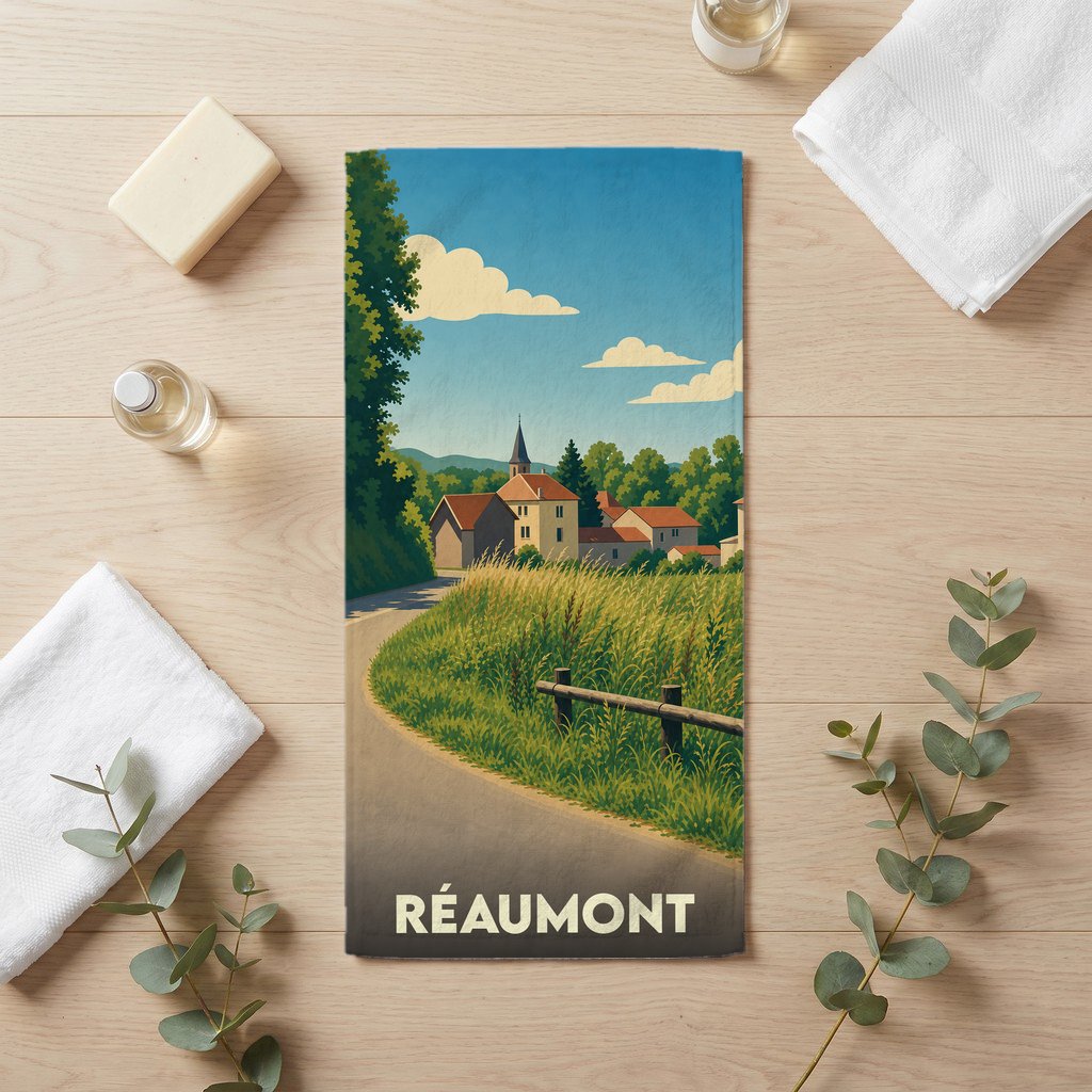 Serviette de bain souvenir de la ville de Réaumont avec une illustration de paysage rural.
