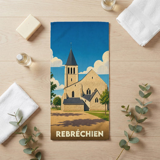 Serviette de bain souvenir de la ville de Rebréchien illustrée d'une église de style vintage.