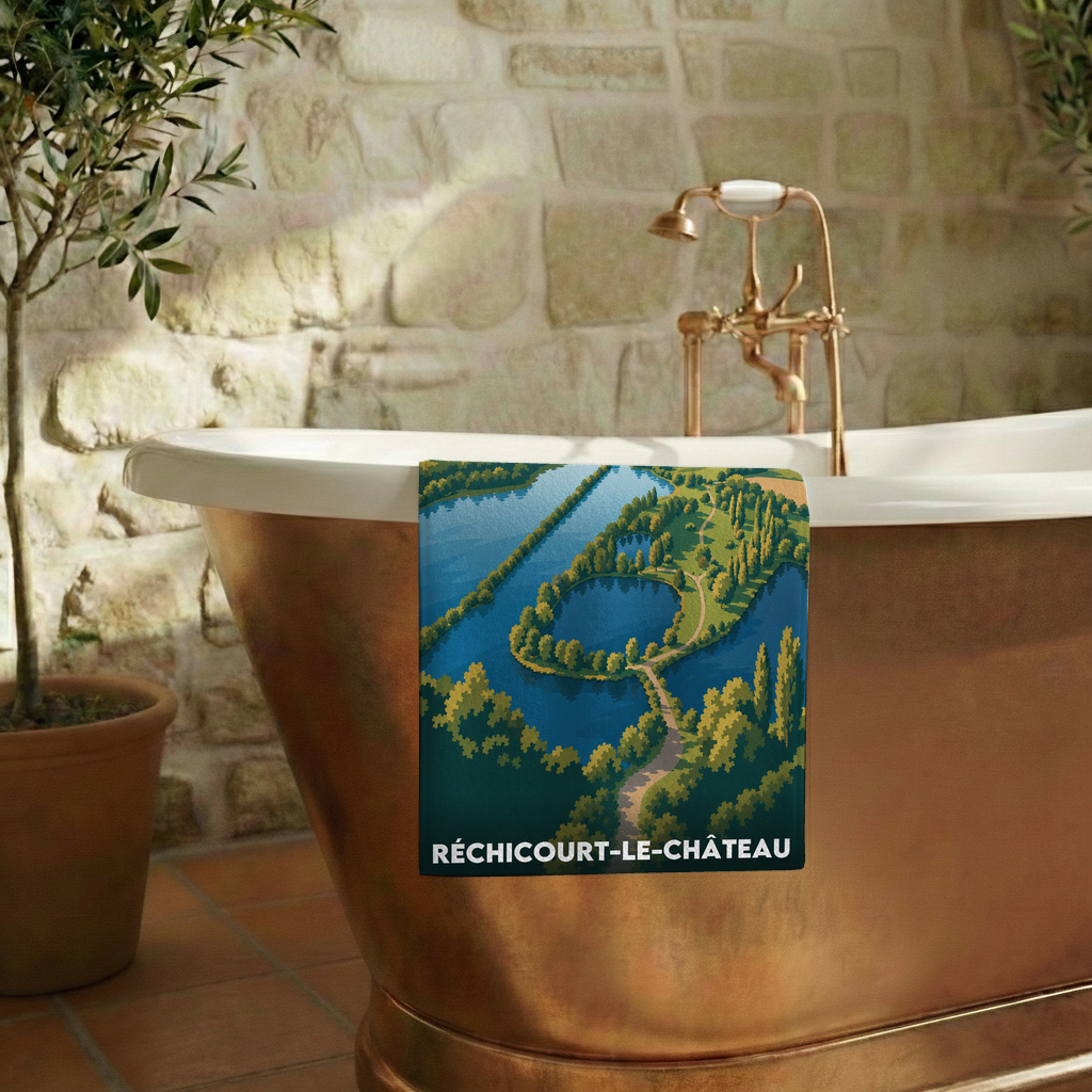 Serviette de bain souvenir de la ville de Réchicourt-le-Château avec une illustration stylisée.