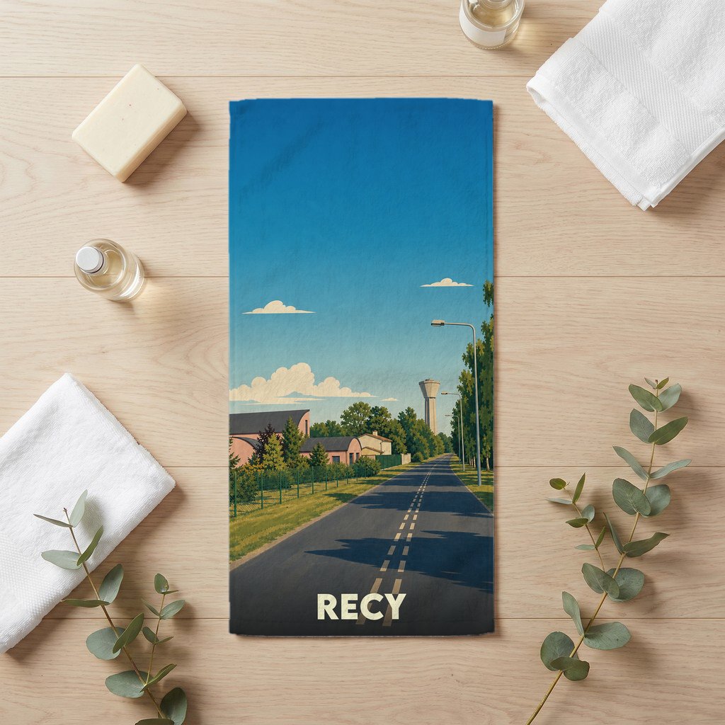 Serviette de bain souvenir de la ville de Recy illustrant une route de campagne sous un ciel bleu.