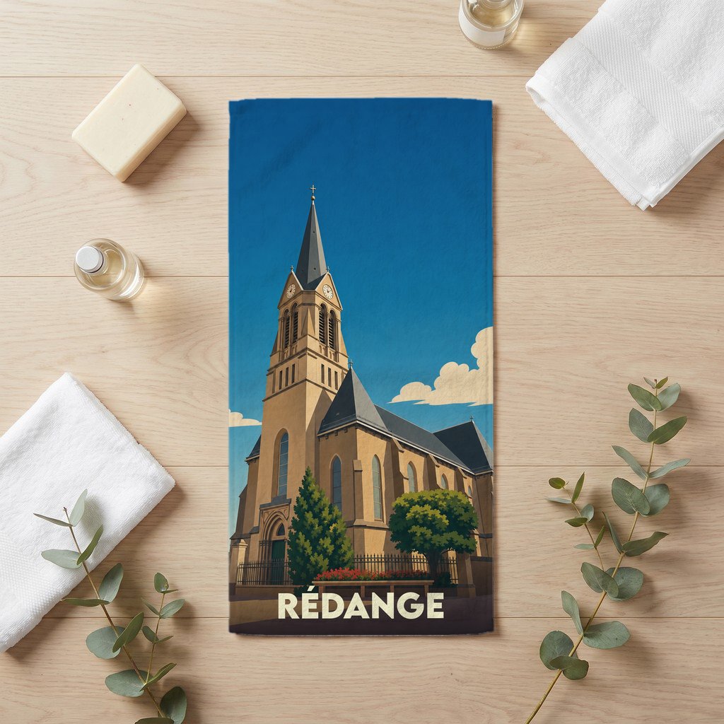 Serviette de bain souvenir de la ville de Rédange avec une illustration stylisée de son église.