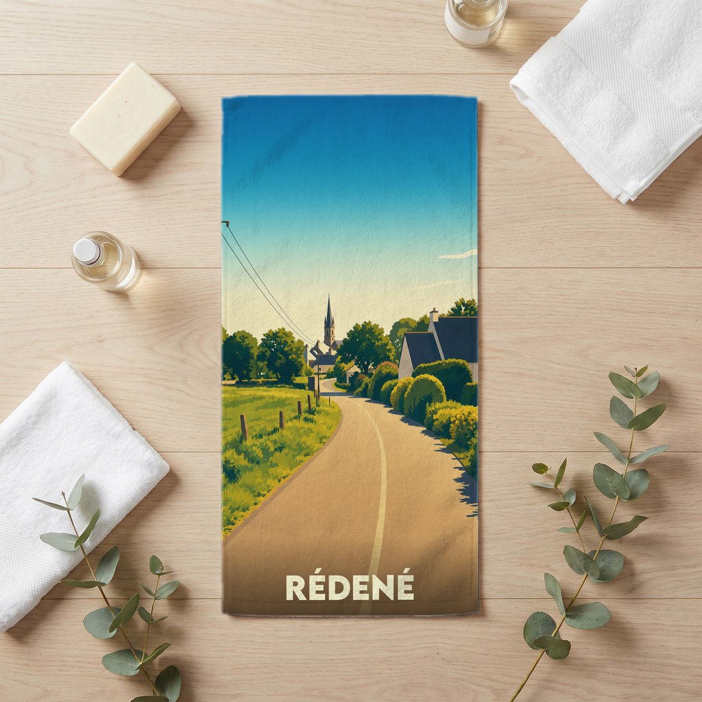 Serviette de bain souvenir de la ville de Rédené avec une illustration stylisée d'un paysage de campagne.