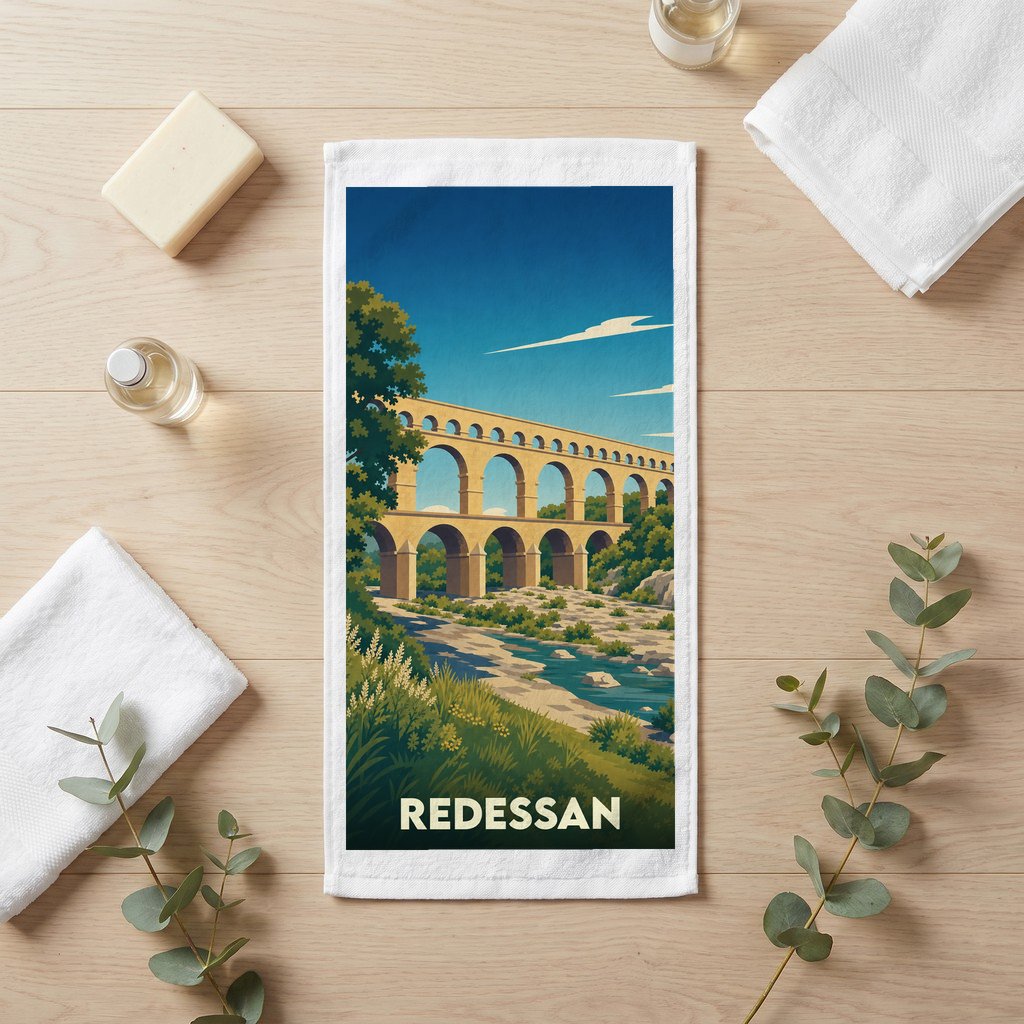 Serviette de bain souvenir de la ville de Redessan avec une illustration stylisée du Pont du Gard.