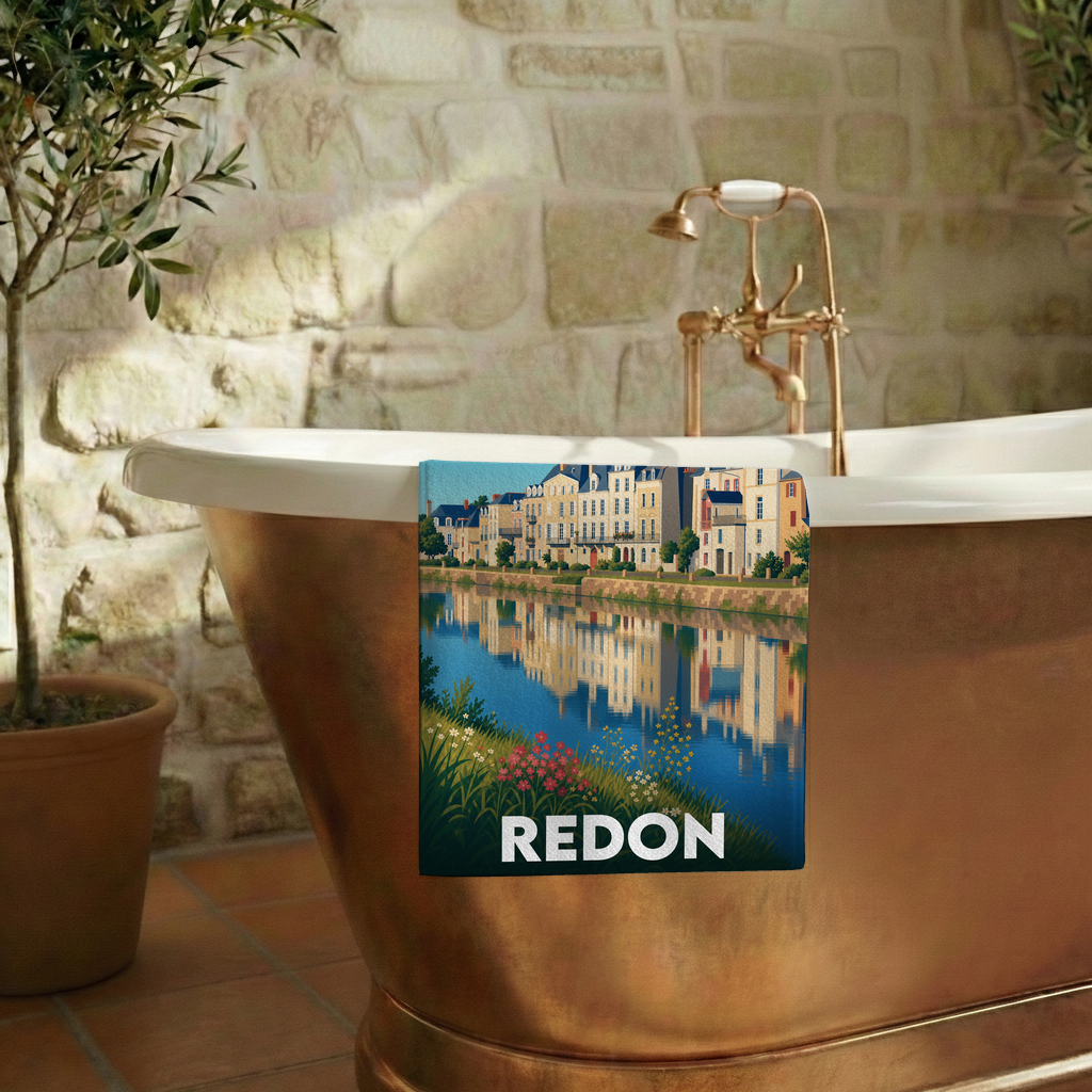 Serviette de bain souvenir de la ville de Redon avec une illustration stylisée des bords de la Vilaine.