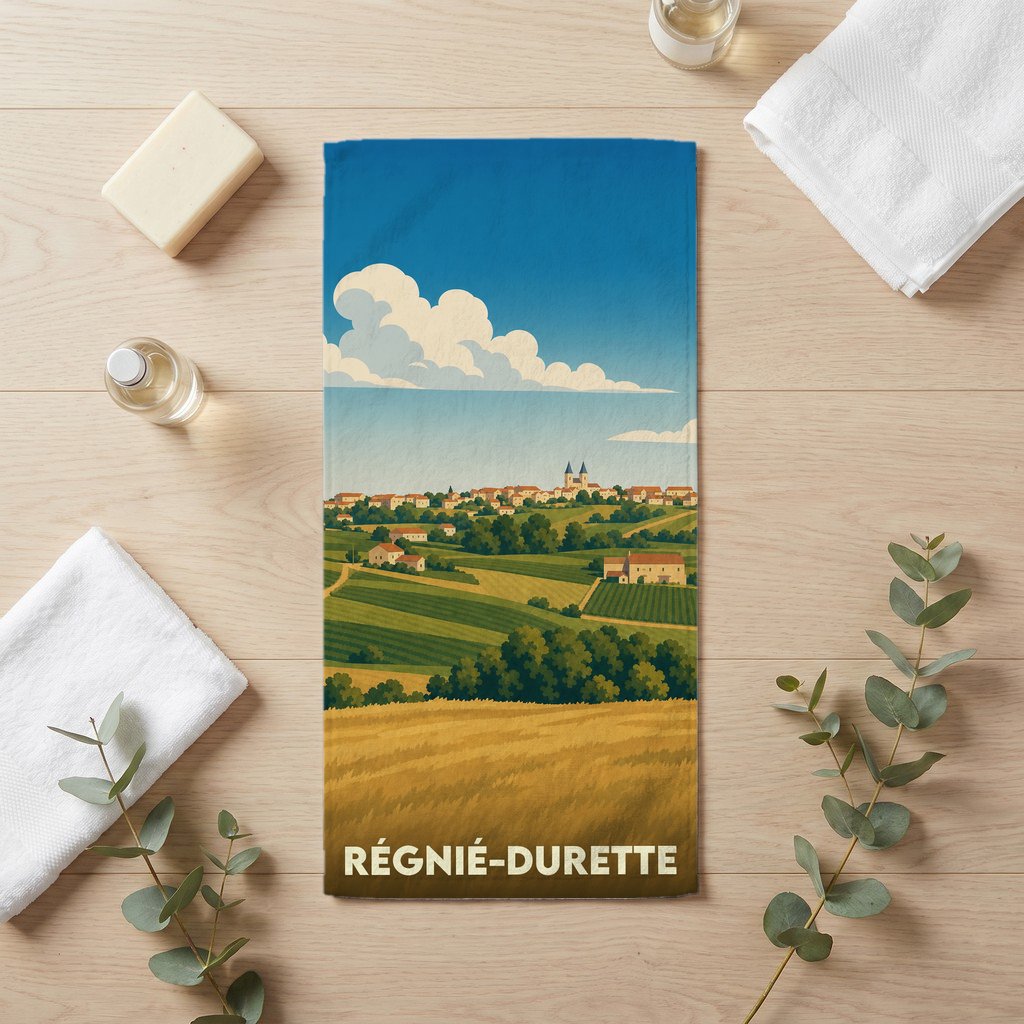 Serviette de bain souvenir de la ville de Régnié-Durette avec une illustration stylisée de son paysage vallonné.