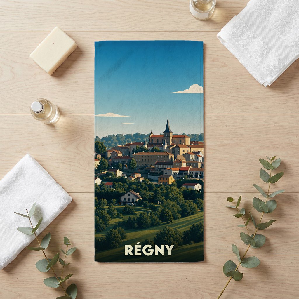 Serviette de bain souvenir de la ville de Régny avec une illustration stylisée d'un village français.