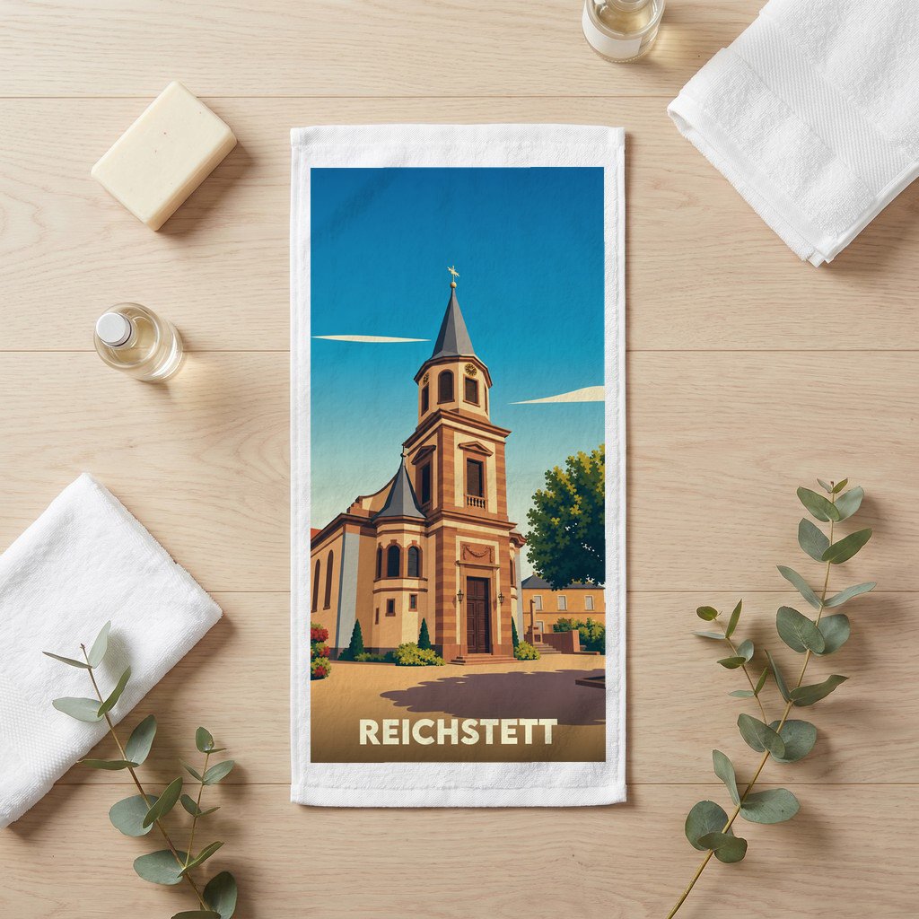 Serviette de bain souvenir de la ville de Reichstett avec une illustration stylisée de son église.