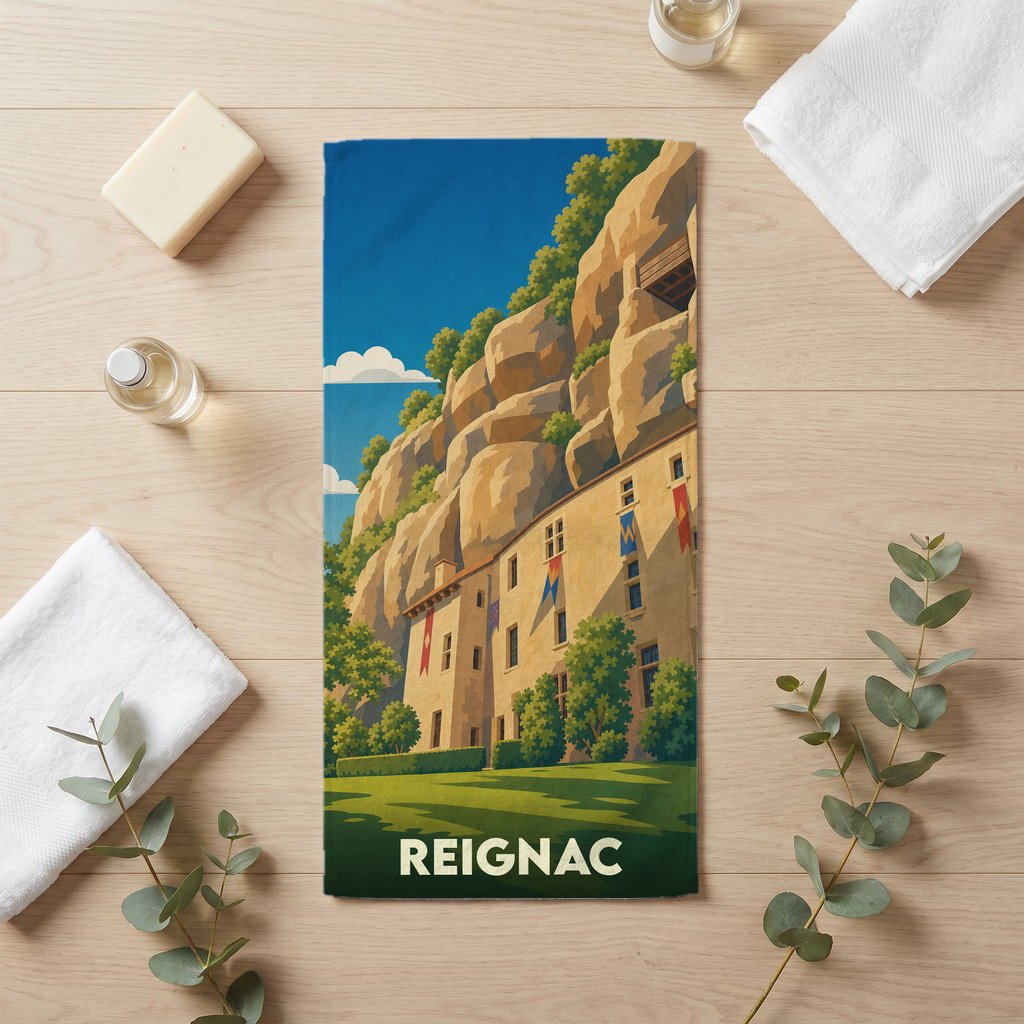 Serviette de bain souvenir de la ville de Reignac avec une illustration stylisée d'un château à flanc de falaise.