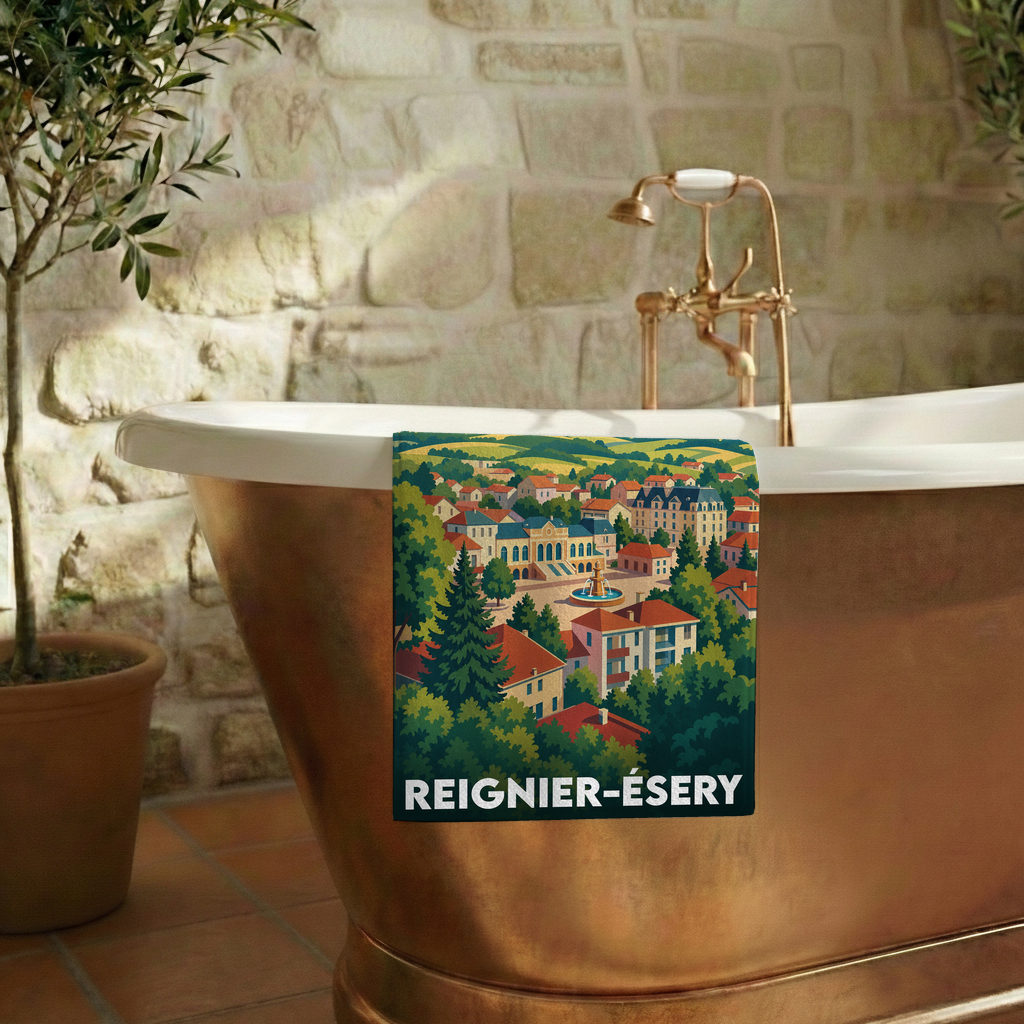 Serviette de bain souvenir de Reignier-Ésery avec une illustration stylisée de la ville.