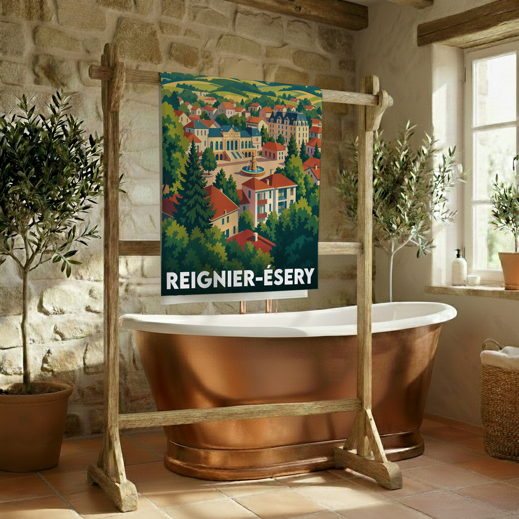 Serviette de bain souvenir de la ville de Reignier-Ésery avec une illustration stylisée de son paysage urbain.