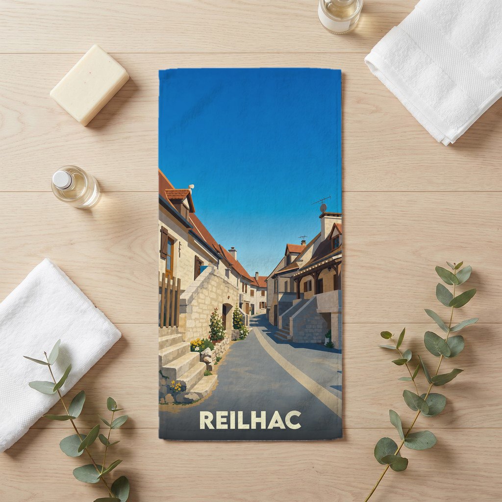 Serviette de bain souvenir de la ville de Reilhac avec une illustration stylisée d'une rue pittoresque.
