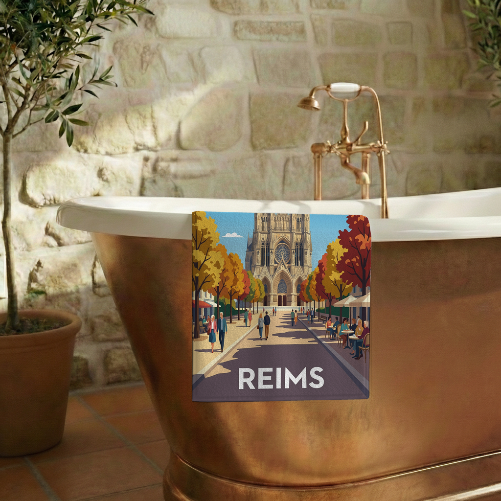 Serviette de bain souvenir de la ville de Reims avec une illustration stylisée de sa cathédrale.