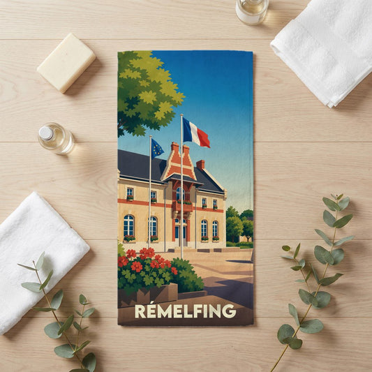 Serviette de bain souvenir de la ville de Rémelfing avec une illustration stylisée de sa mairie.