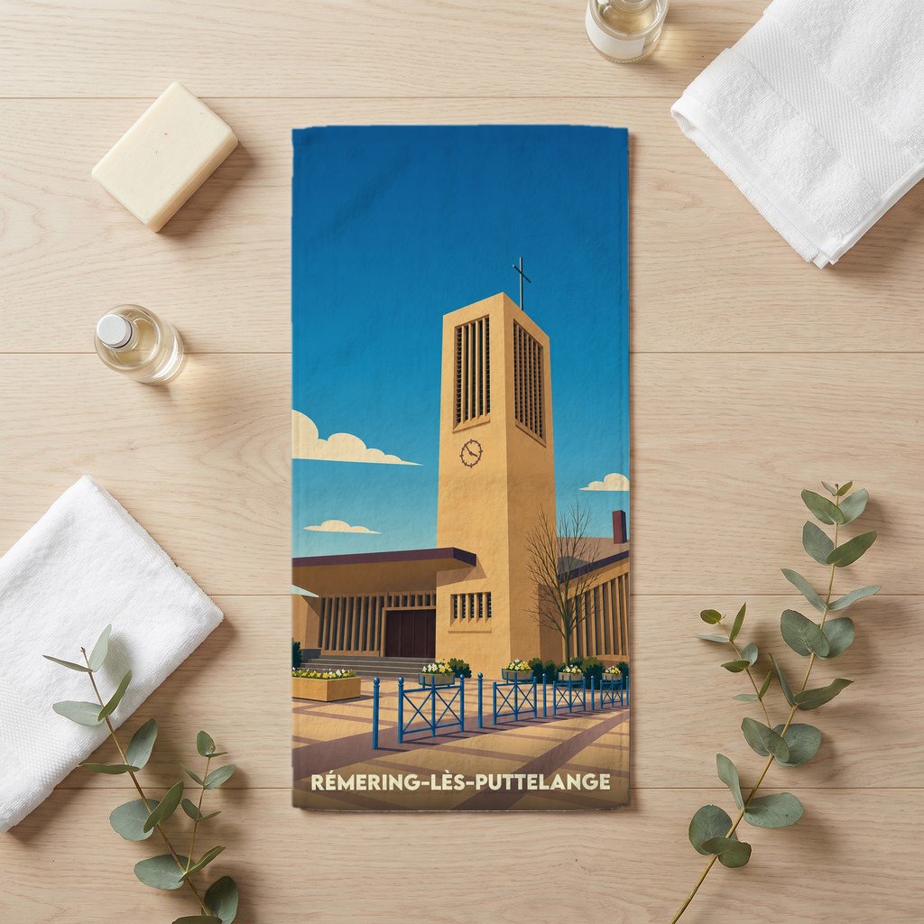 Serviette de bain souvenir de la ville de Rémering-lès-Puttelange avec une illustration stylisée de son église.