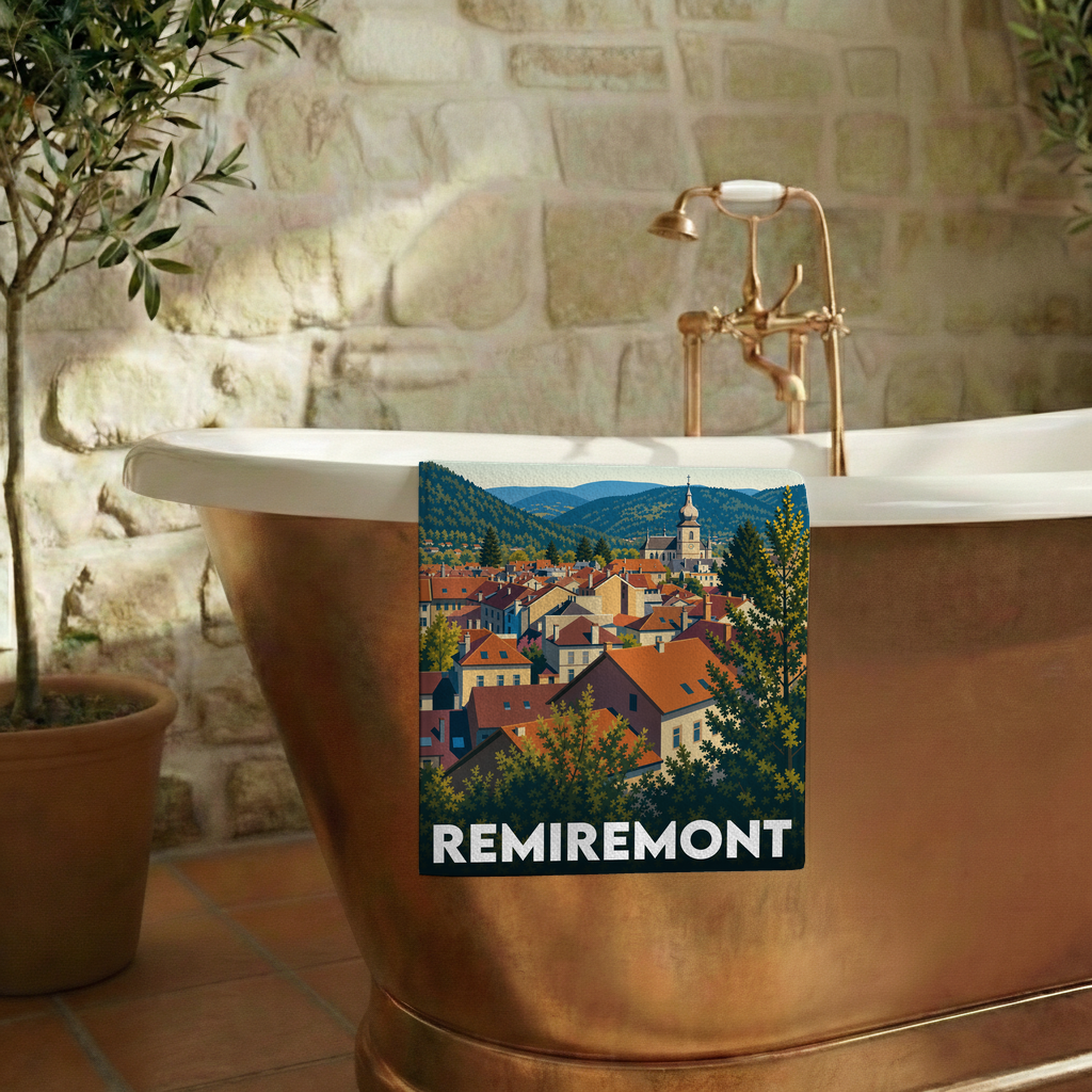 Serviette de bain souvenir de la ville de Remiremont illustrée d'un paysage urbain stylisé.