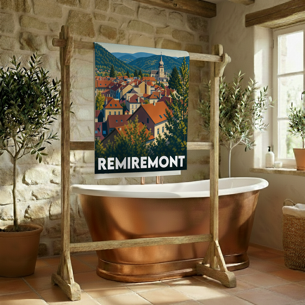 Serviette de bain souvenir de la ville de Remiremont avec une illustration stylisée de ses paysages.