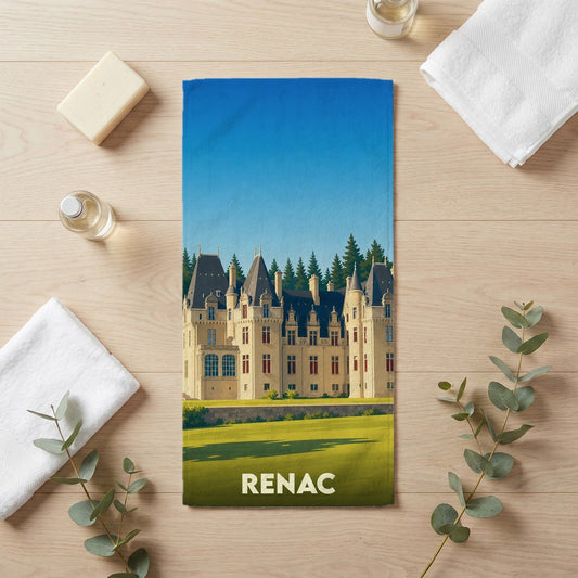 Serviette de bain souvenir de la ville de Renac avec une illustration stylisée d'un château.