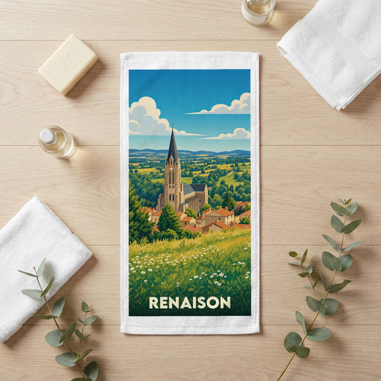 Serviette de bain souvenir de la ville de Renaison avec une illustration stylisée d'un paysage de campagne et son église.