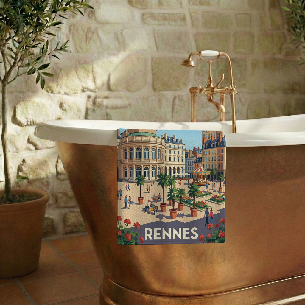 Serviette de bain souvenir de la ville de Rennes ornée d'une illustration stylisée.