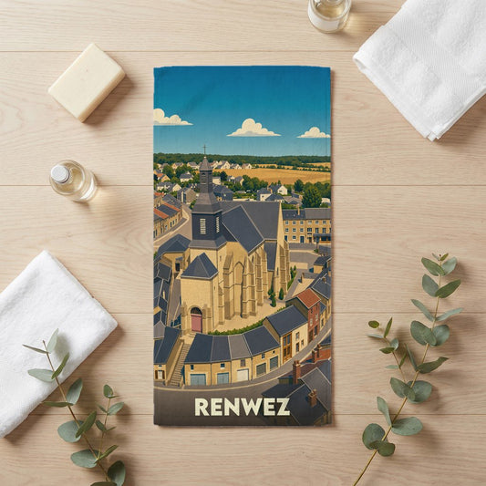 Serviette de bain souvenir de la ville de Renwez avec une illustration stylisée.