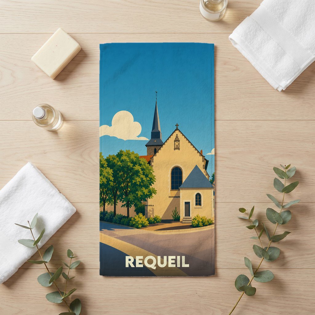 Serviette de bain souvenir de la ville de Requeil avec une illustration stylisée de son église.