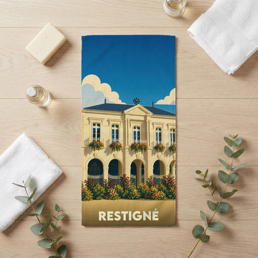 Serviette de bain souvenir de la ville de Restigné ornée d'une illustration stylisée de son architecture.