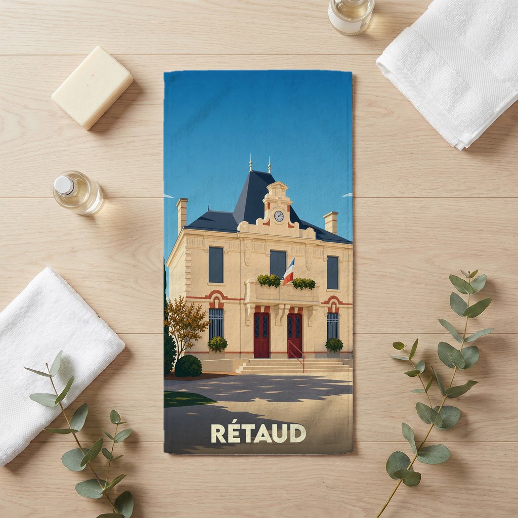 Serviette de bain souvenir de la ville de Rétaud avec une illustration stylisée de sa mairie.