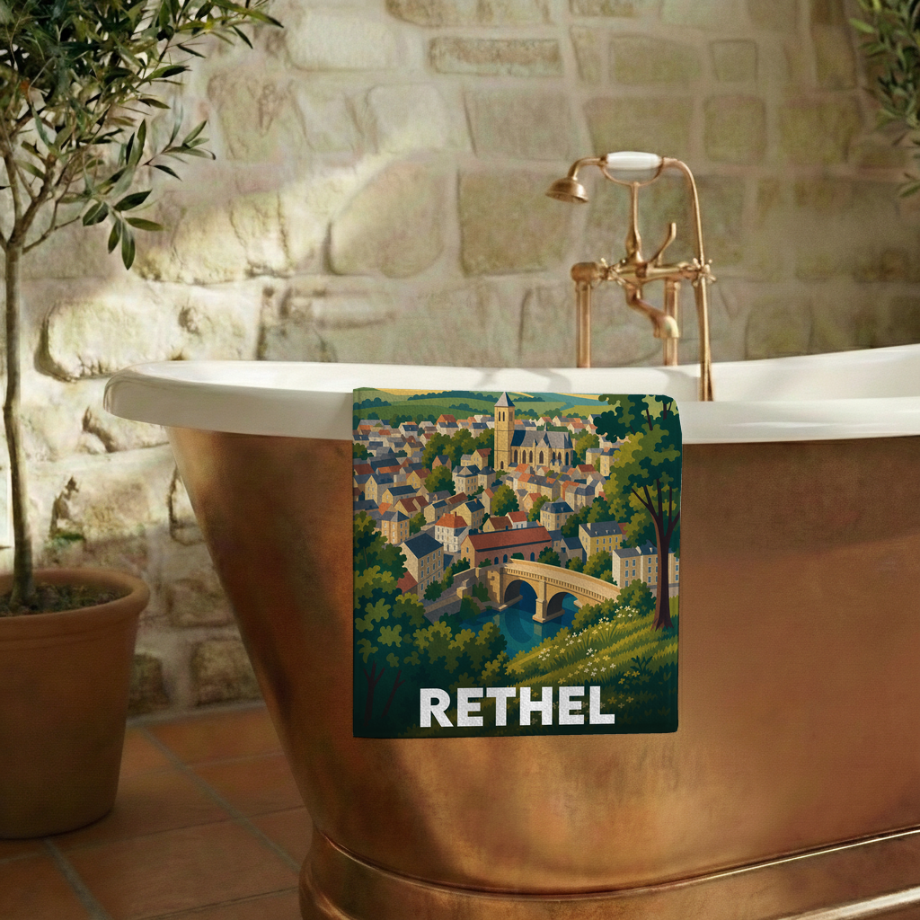 Serviette de bain souvenir de la ville de Rethel avec une illustration stylisée d'un paysage urbain historique.