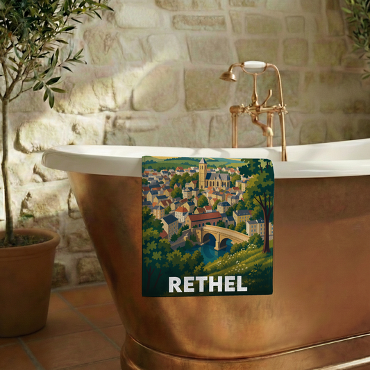 Serviette de bain souvenir de la ville de Rethel avec une illustration stylisée d'un paysage urbain historique.