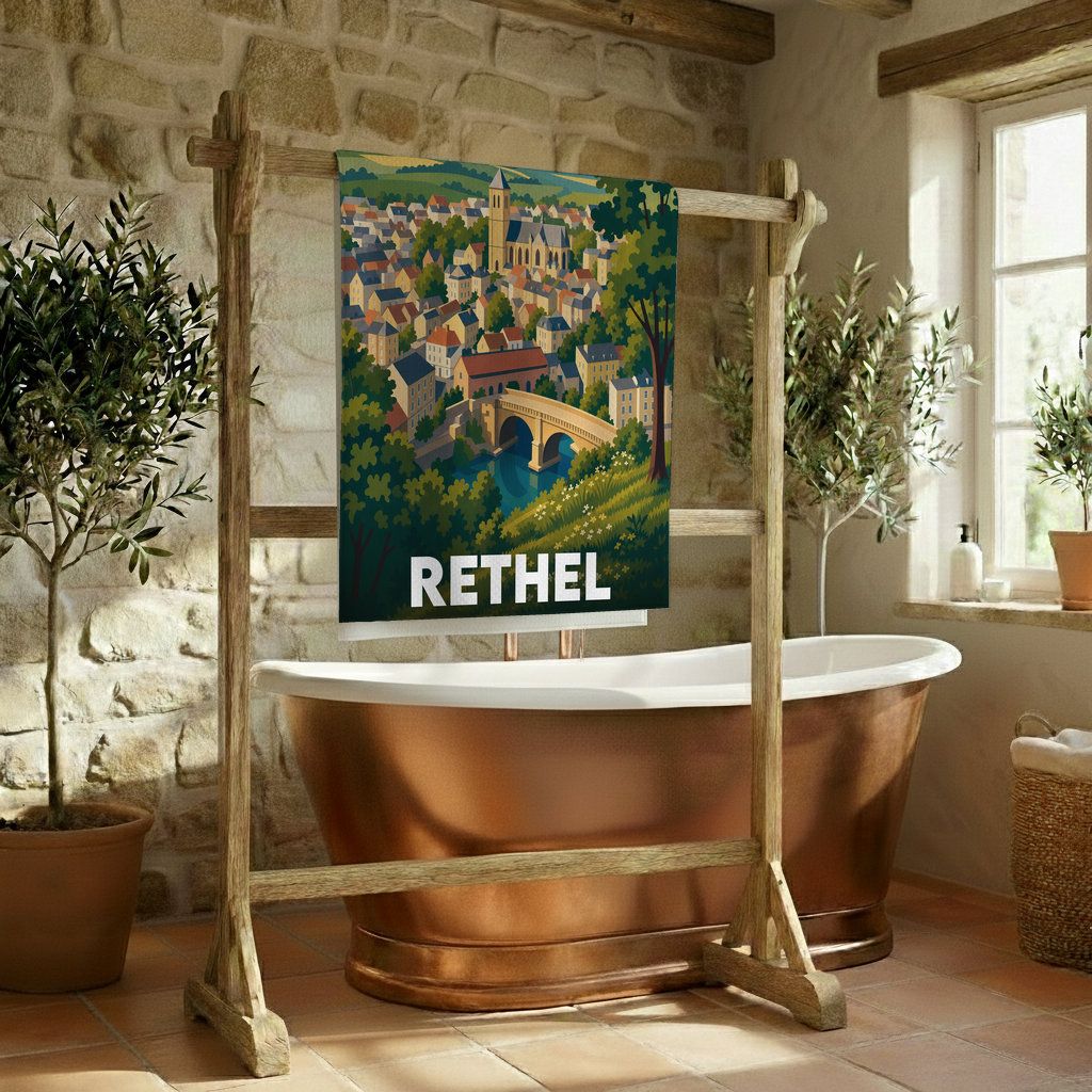Serviette de bain souvenir de la ville de Rethel ornée d'une illustration stylisée de son paysage urbain et de son pont.