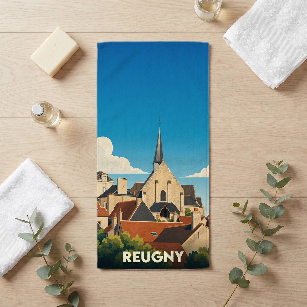 Serviette de bain souvenir de la ville de Reugny avec une illustration stylisée.