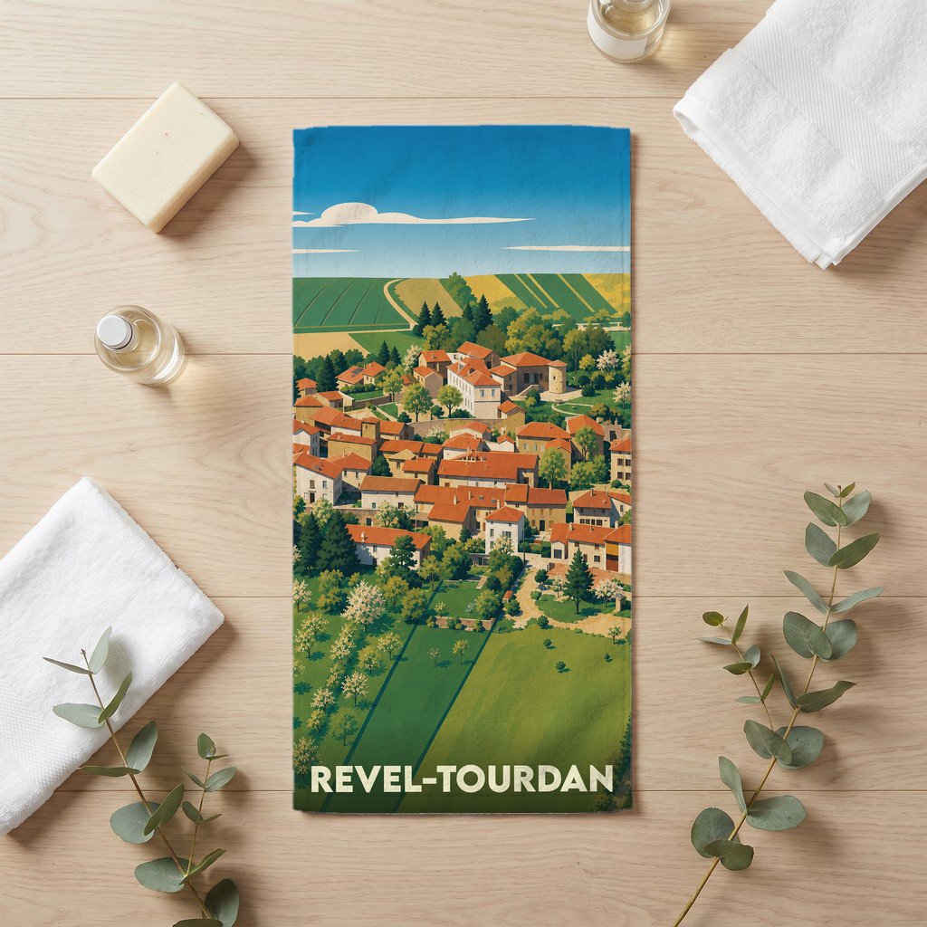 Serviette de bain souvenir de la ville de Revel-Tourdan avec une illustration stylisée d'un paysage de village.