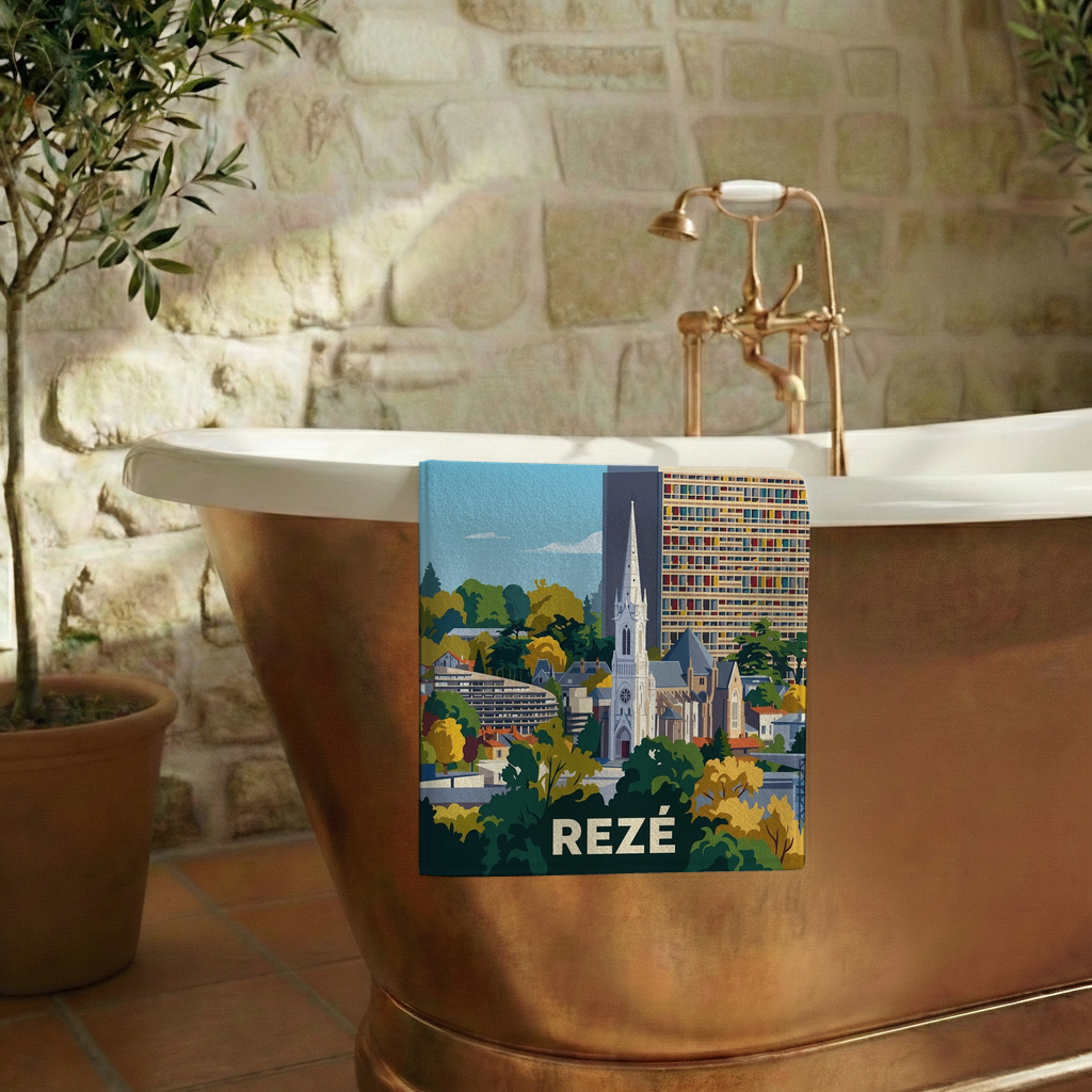 Serviette de bain souvenir de la ville de Rezé avec une illustration stylisée.