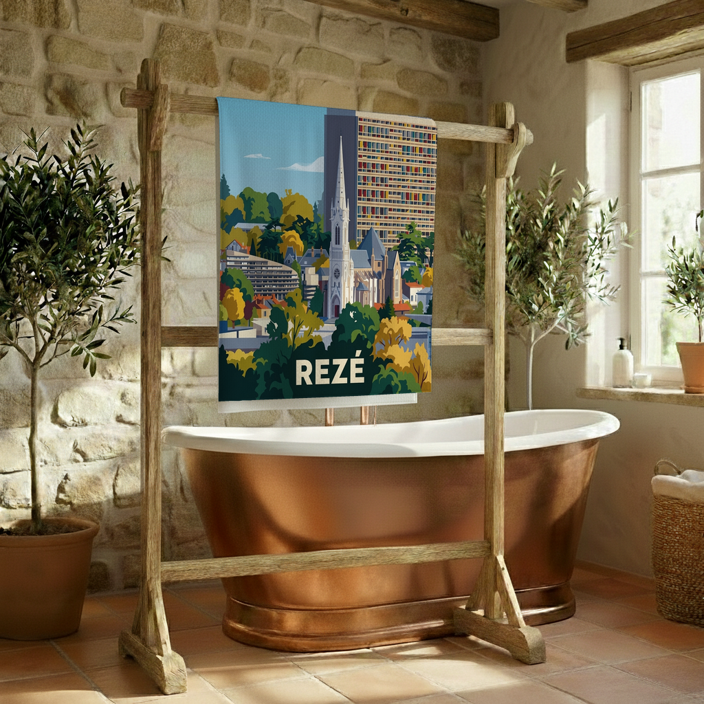 Serviette de bain souvenir de la ville de Rezé avec une illustration stylisée.