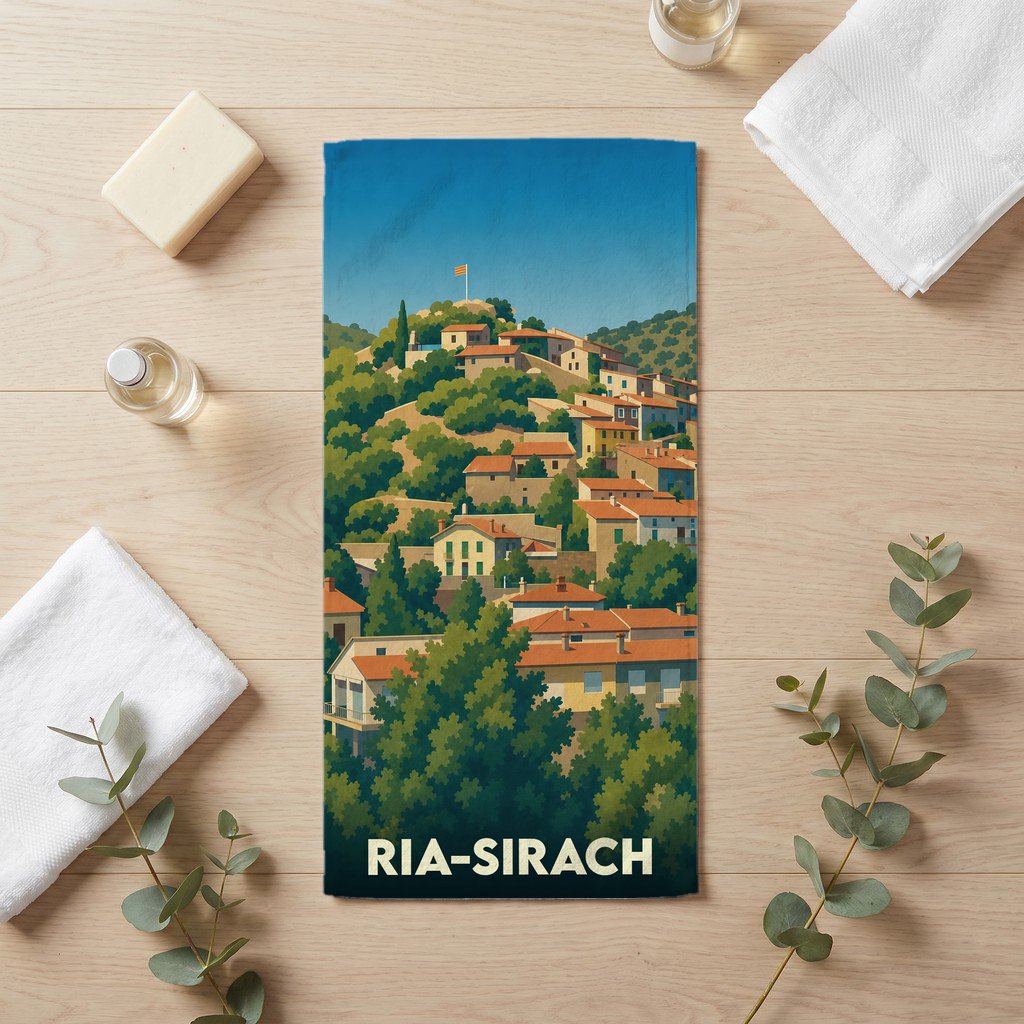 Serviette de bain souvenir de la ville de Ria-Sirach avec une illustration stylisée.