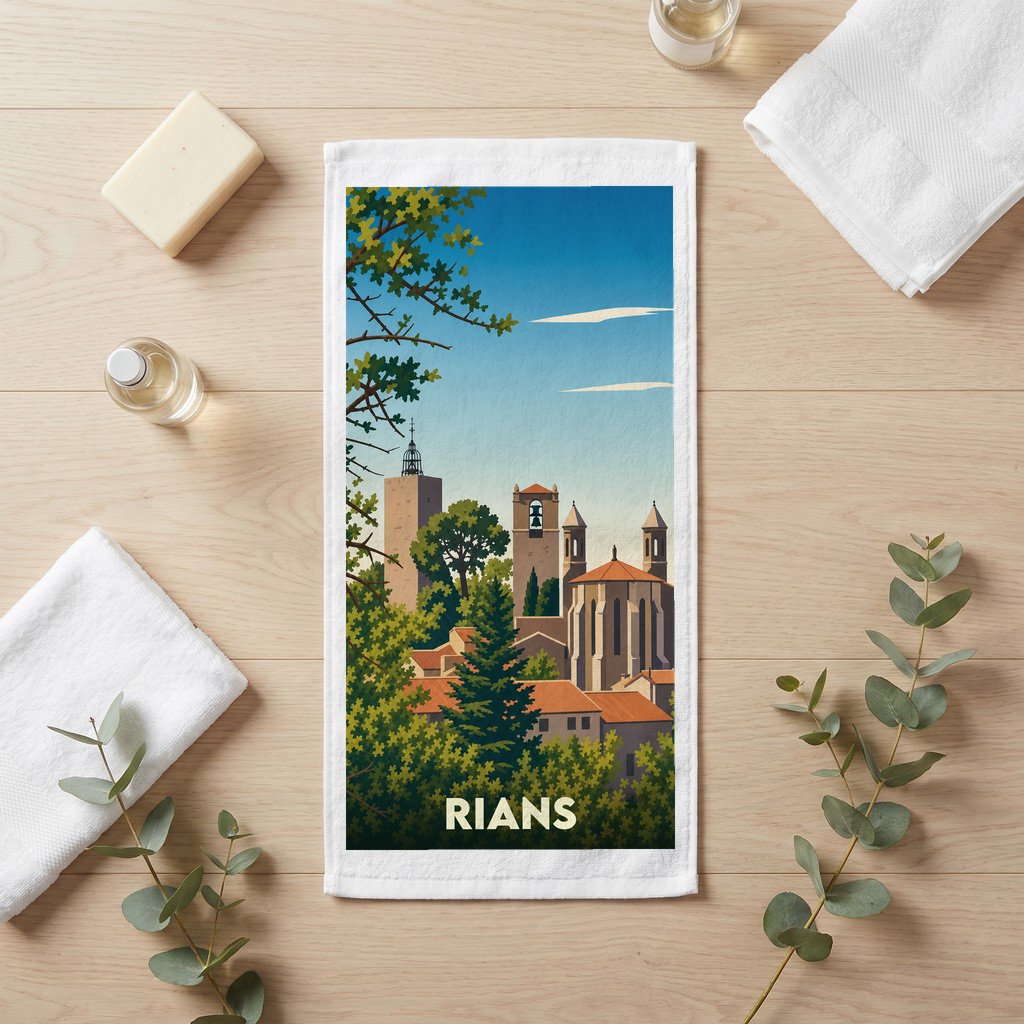 Serviette de bain souvenir de la ville de Rians ornée d'une illustration stylisée de son patrimoine.