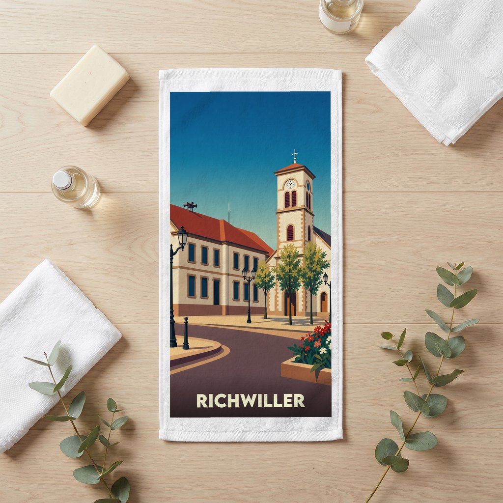Serviette de bain souvenir de la ville de Richwiller avec une illustration stylisée.
