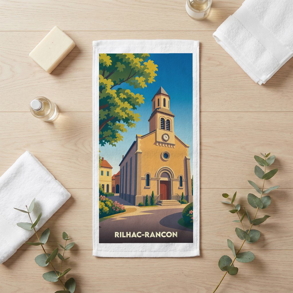 Serviette de bain souvenir de la ville de Rilhac-Rancon avec une illustration stylisée d'une église.