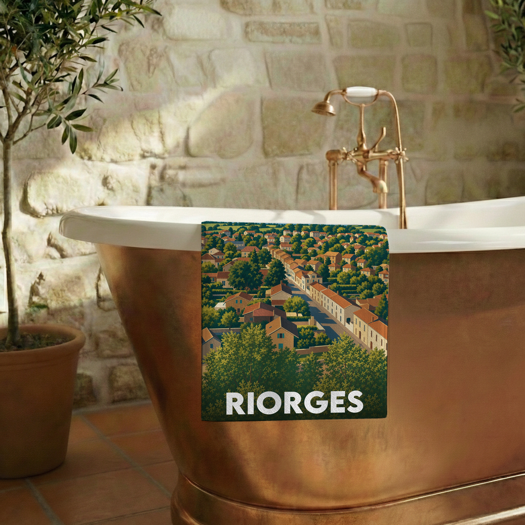 Serviette de bain souvenir de la ville de Riorges avec une illustration stylisée d'un paysage urbain.