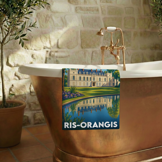 Serviette de bain souvenir de la ville de Ris-Orangis avec une illustration stylisée.