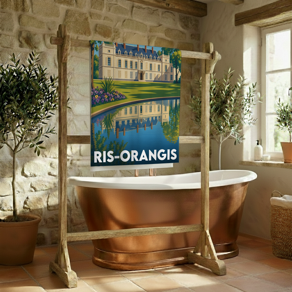 Serviette de bain souvenir de la ville de Ris-Orangis illustrée par un château se reflétant dans l'eau.
