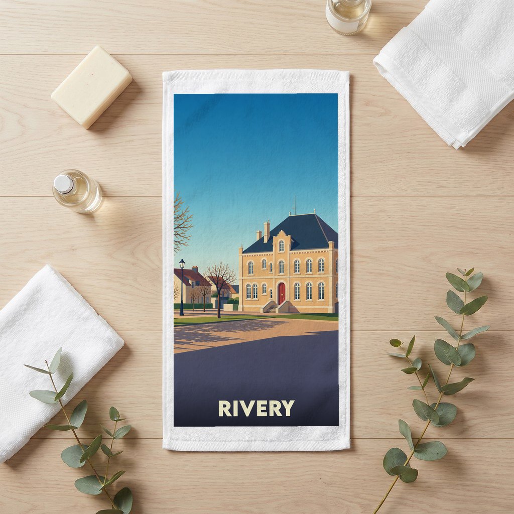 Serviette de bain souvenir de la ville de Rivery avec une illustration stylisée d'un bâtiment historique.