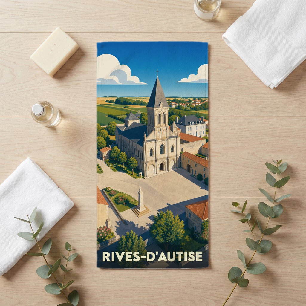 Serviette de bain souvenir de la ville de Rives-d'Autise avec une illustration stylisée de son église et de ses paysages.