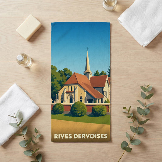 Serviette de bain souvenir de la ville de Rives Dervoises avec une illustration stylisée de son église.