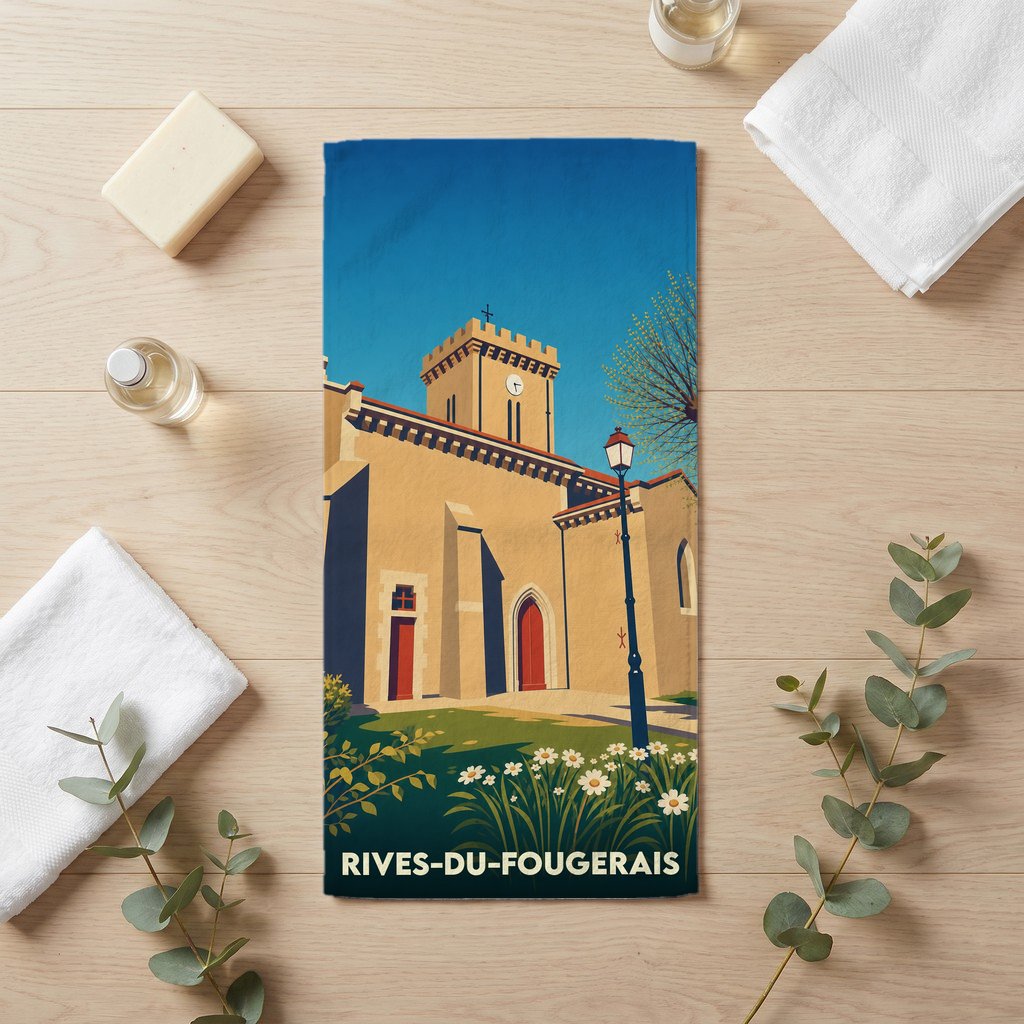 Serviette de bain souvenir de la ville de Rives-du-Fougerais avec une illustration stylisée de son église.