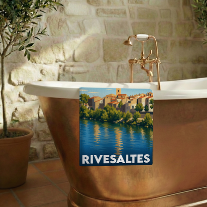 Serviette de bain souvenir de la ville de Rivesaltes avec une illustration stylisée.