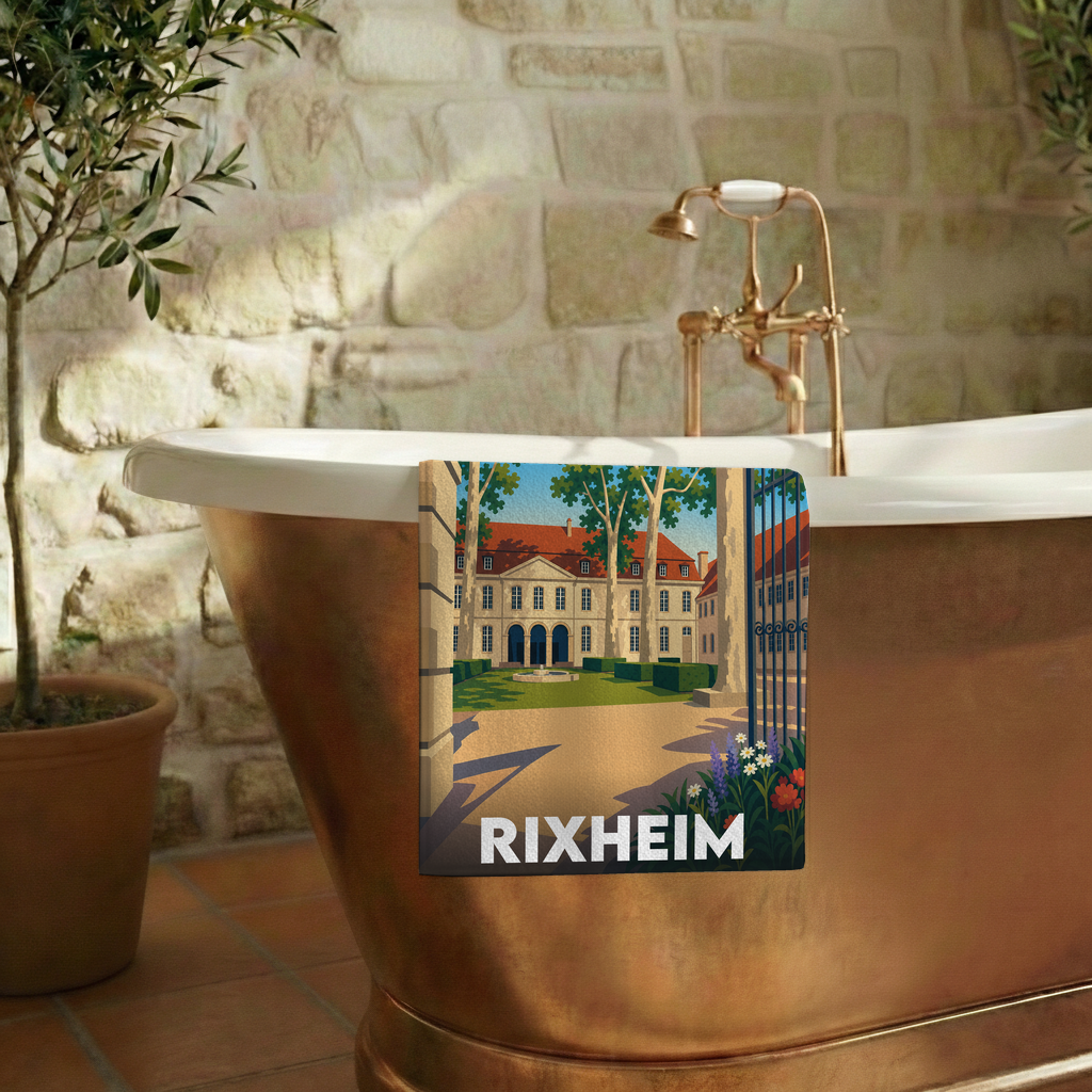 Serviette de bain souvenir de la ville de Rixheim avec une illustration stylisée.