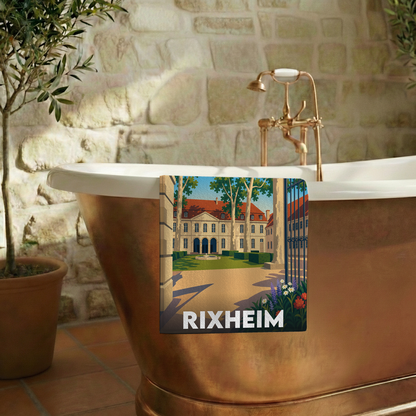 Serviette de bain souvenir de la ville de Rixheim avec une illustration stylisée.