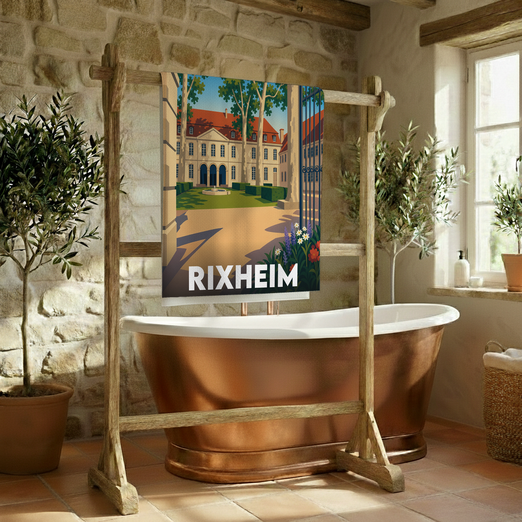 Serviette de bain souvenir de la ville de Rixheim avec une illustration stylisée.