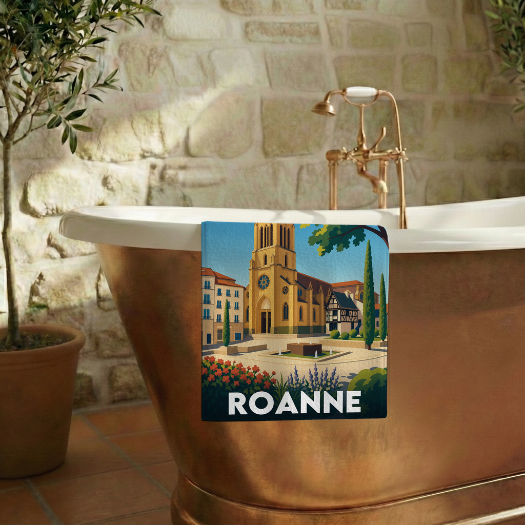 Serviette de bain souvenir de la ville de Roanne avec une illustration stylisée.